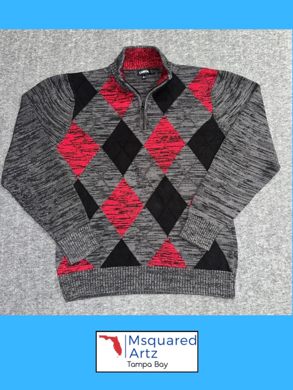 Carbon Argyle Quarter Zip Sweater Men's Large Gray Black Red 100% Cotton
